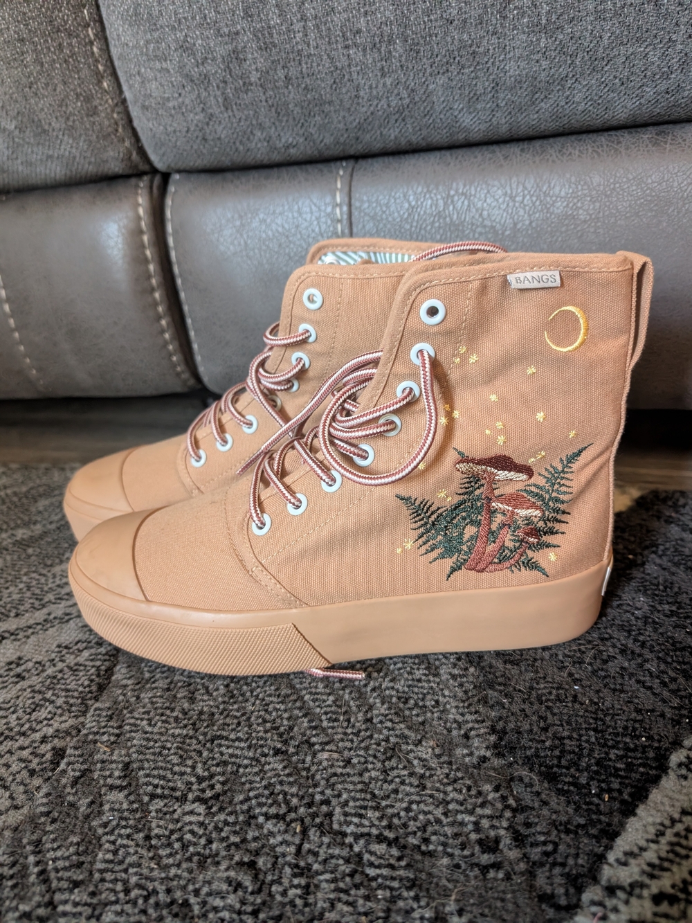 BANGS Women's Tan High-Top Canvas Sneakers with Embroidered Mushroom Motif